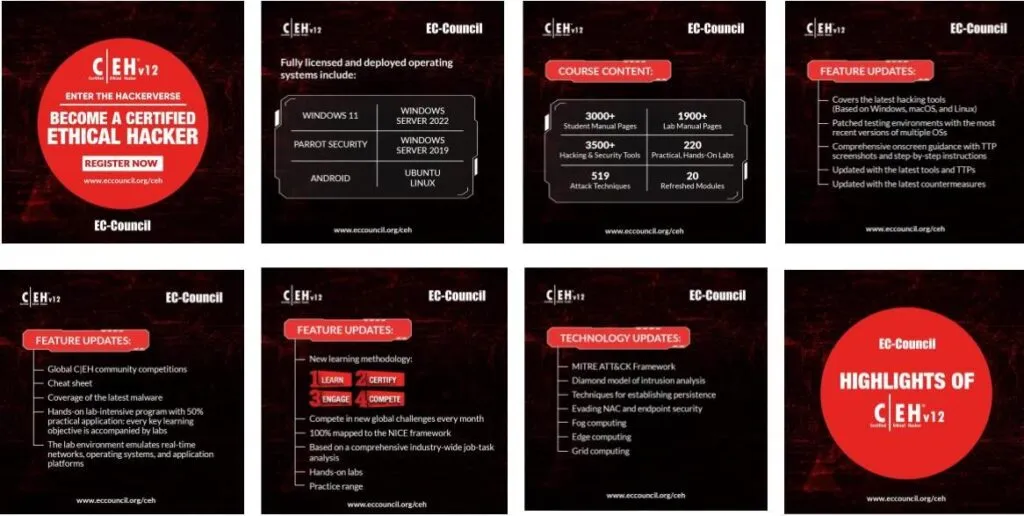 HackerBook CEH v12 Certified Ethical Hacker course highlights, features, technology updates, hands-on labs, and course content